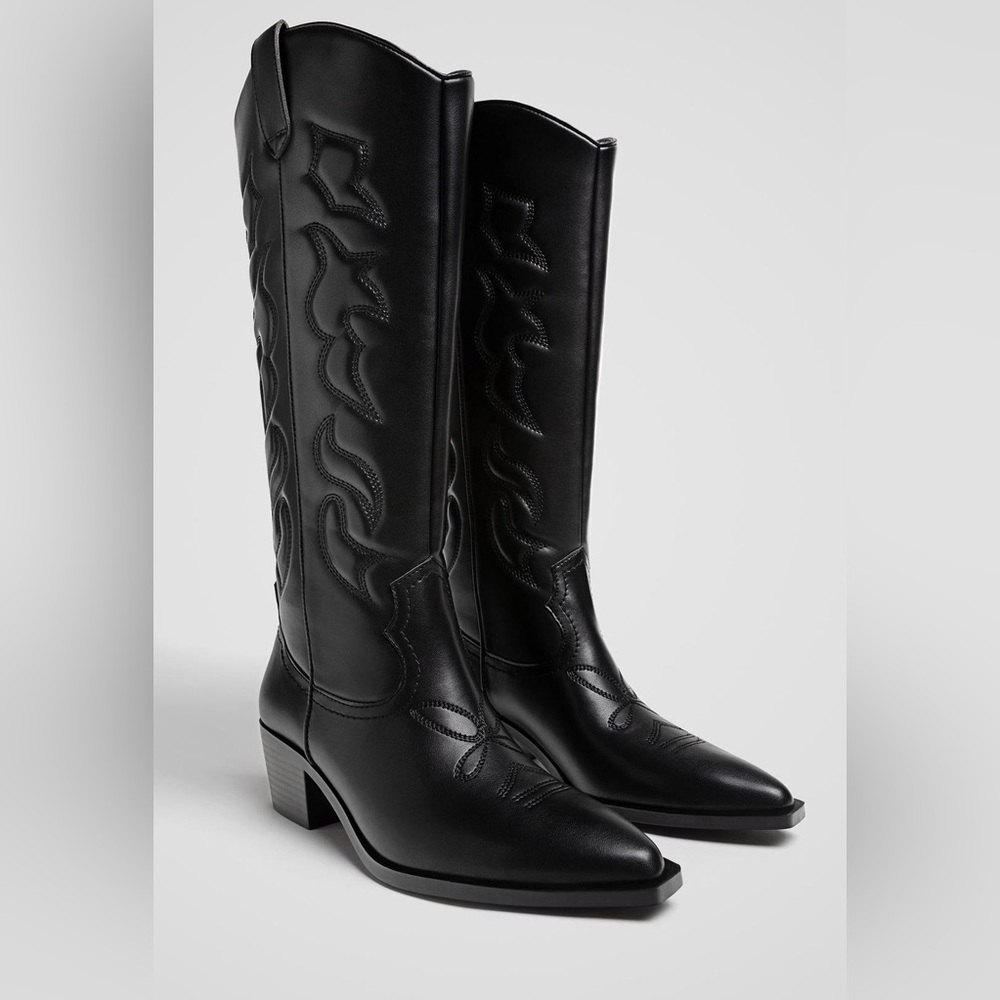 Stradivarius faxu leather cowboy boots western confirm knee high Bohemian shoes